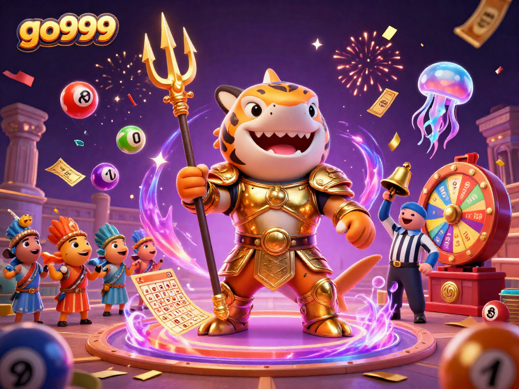 Experience thrilling gaming with go999's vibrant underwater casino, featuring a shark gladiator surrounded by festive elements.