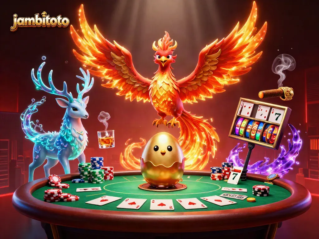 Experience the excitement of jambitoto as an energetic scene unfolds with a phoenix soaring over poker and slot elements.
