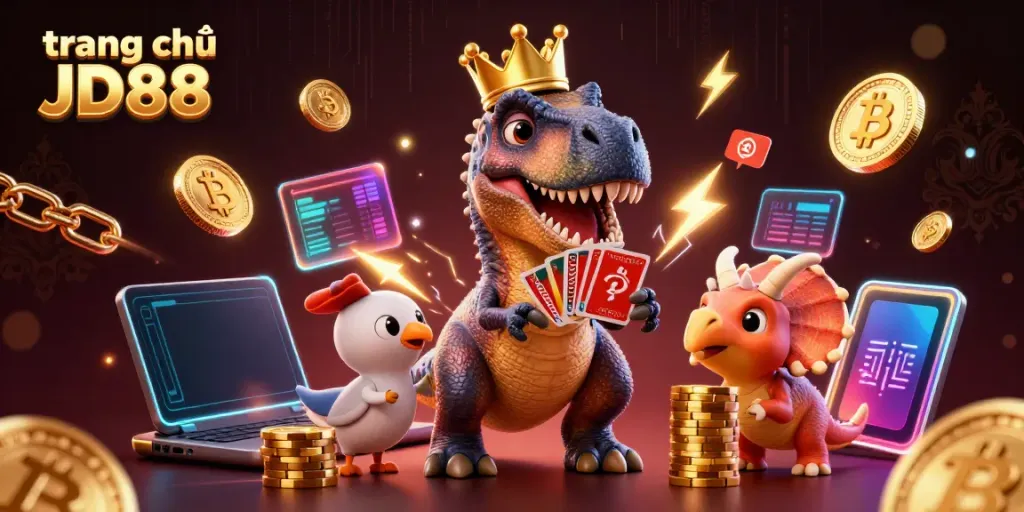 Experience the excitement of trang chủ JD88 with a vibrant 3D scene showcasing a T-Rex and friends in a casino setting