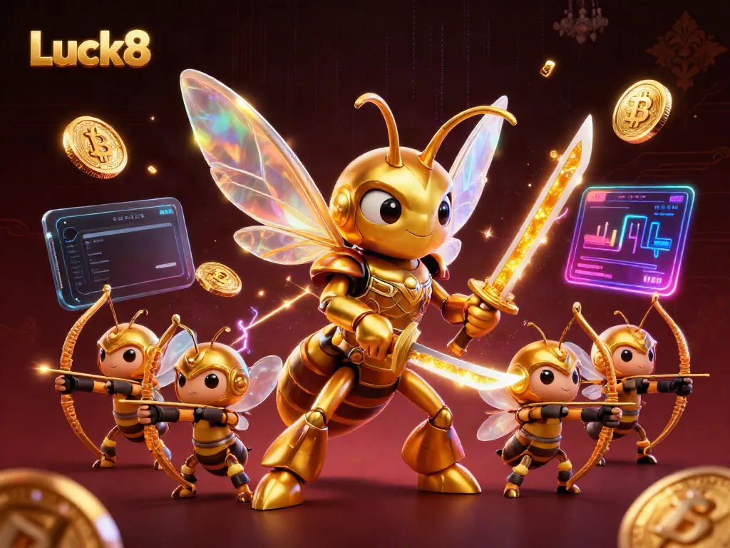 Luck8 engages gamblers with a dynamic scene of a golden hornet in samurai armor amidst vibrant casino elements.