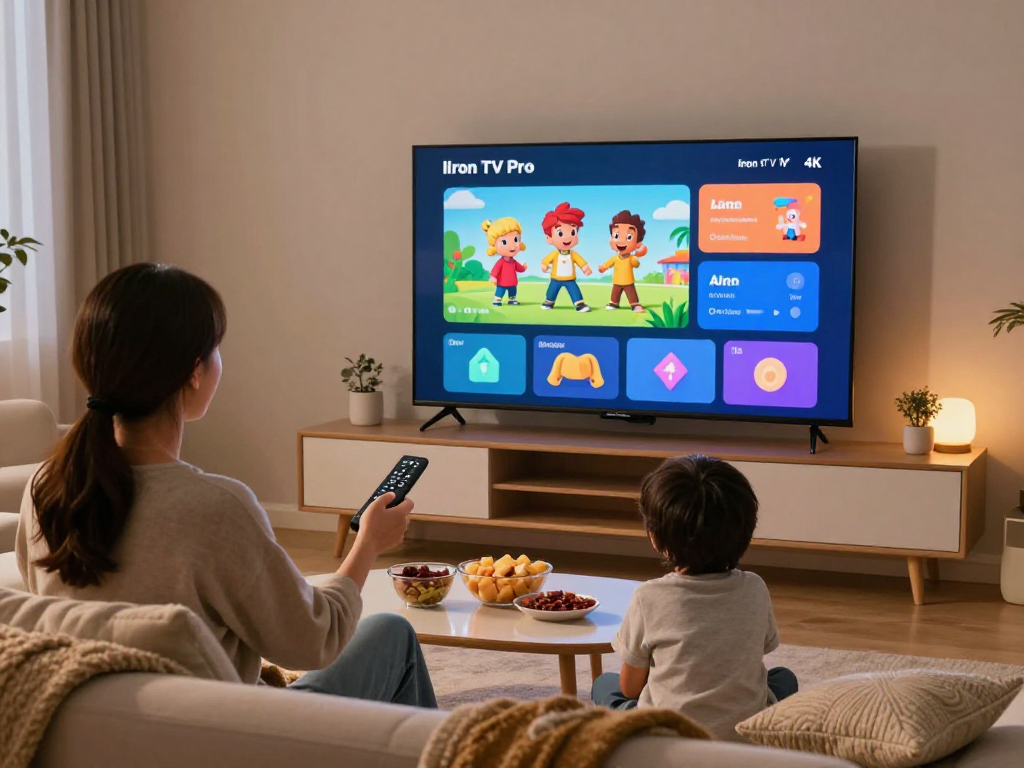 Profitez de Iron tv pro sur un écran 4K avec famille heureuse et ambiance chaleureuse.