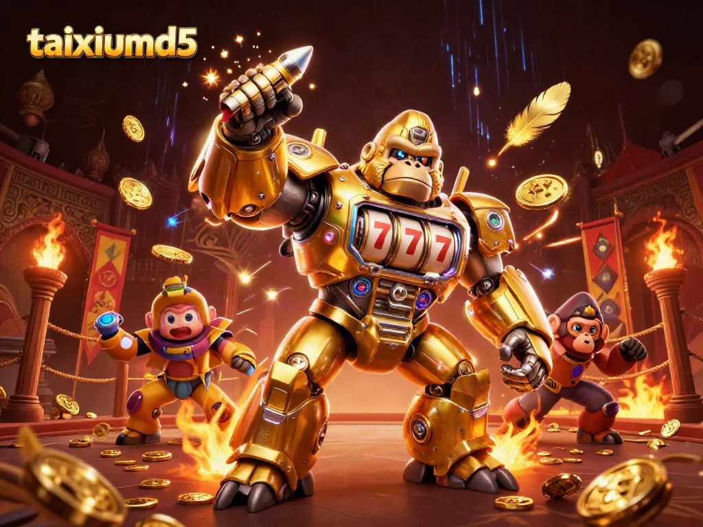 Experience the thrilling atmosphere of taixiumd5 with a dynamic golden gorilla mech and vibrant casino elements.