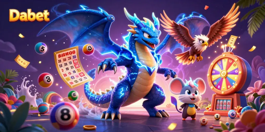 Dabet showcases dynamic lottery games with vibrant 3D characters and colorful elements, emphasizing thrilling gambling action.