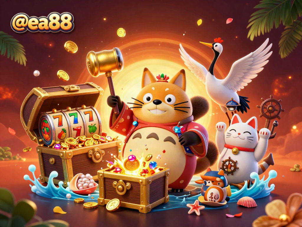 Spin for fortunes at @ea88 with cheerful tanuki and lucky symbols in a vibrant casino scene.