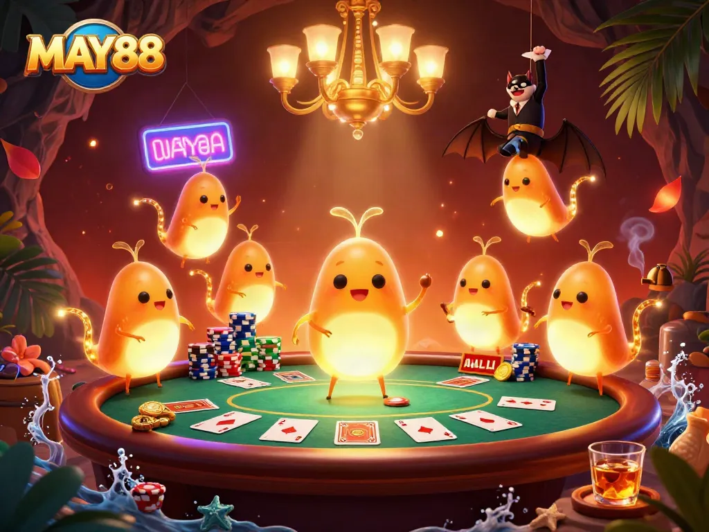 MAY88 glowworms light up an exciting cave casino scene, showcasing poker chips and cards.