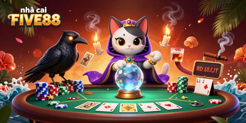 Engage with nhà cái FIVE88 through an enchanting casino scene featuring mystic characters and poker elements.
