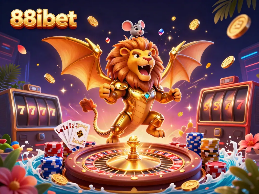 Experience thrilling casino excitement with 88ibet, featuring a roaring chimera and vibrant gaming elements.