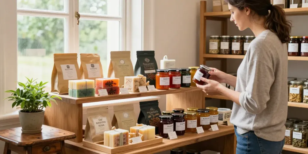 Artisanal produits in a warm retail environment, showcasing quality goods and an inviting atmosphere.
