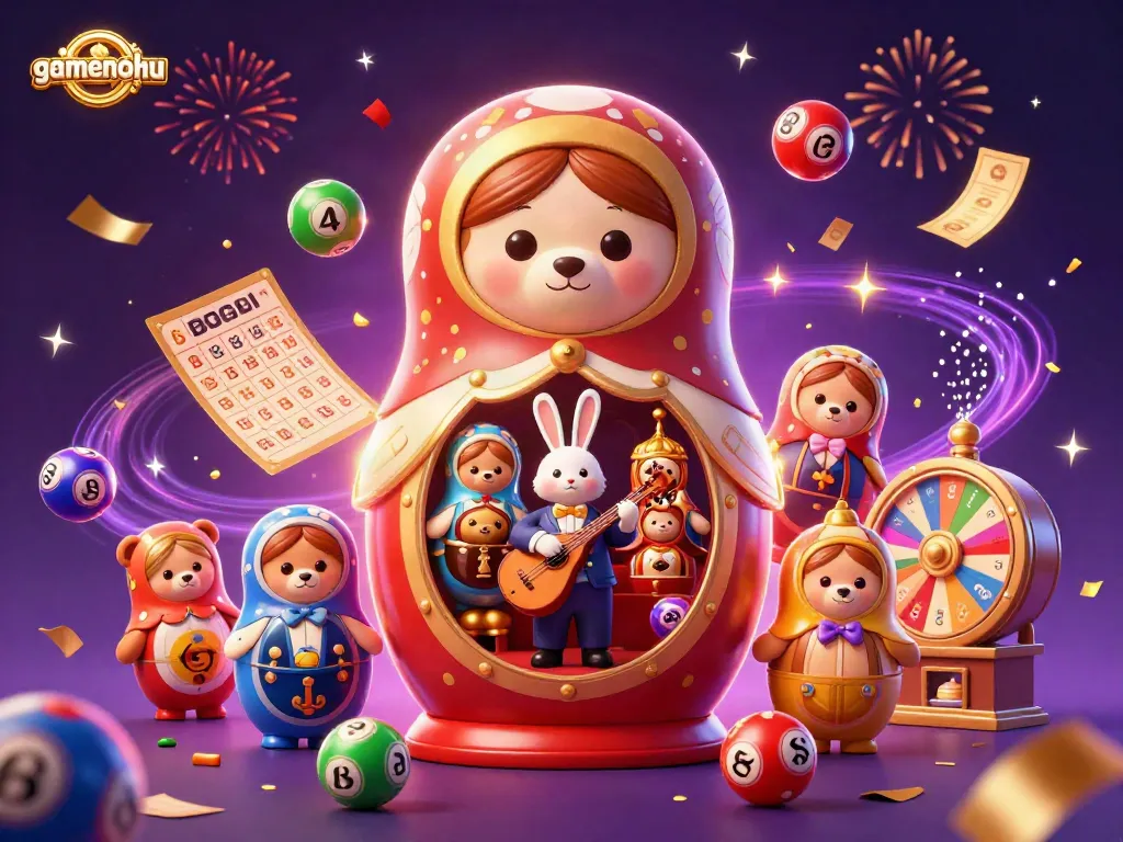 Experience gamenohu’s vibrant casino atmosphere with colorful lottery elements and engaging characters.