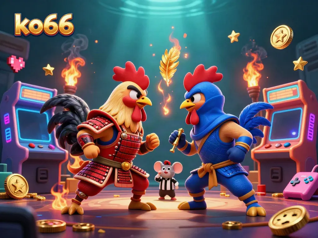 Experience thrilling action with ko66 as cartoon roosters battle in a vibrant casino-themed arcade.