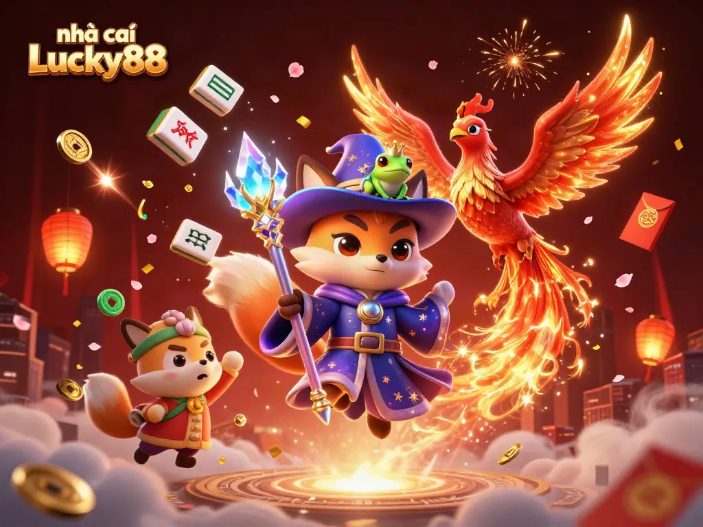 Experience the magical atmosphere of nhà cái Lucky88 with vibrant gaming elements, enchanting characters, and rich casino visuals.
