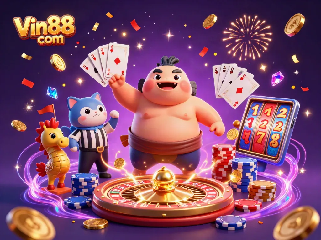 Experience the thrill of Vin88 com with this vibrant 3D illustration of a fugu in a casino setting.