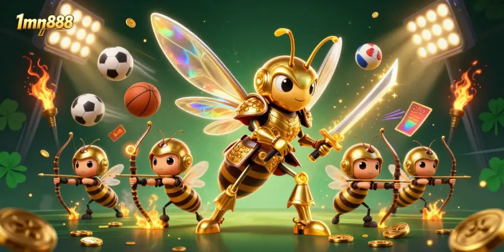 Engage with 1mm888 in a vibrant fantasy scene with a giant golden hornet and sports elements.