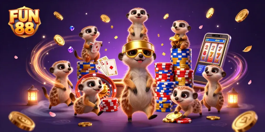 Experience FUN 88 with meerkats at a vibrant casino, featuring golden coins and dynamic gaming elements.