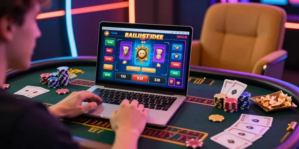 Bonus casino sans dépôt : joueur enthousiaste sur ordinateur avec graphismes colorés, ambiance lumineuse et accessoires autour.