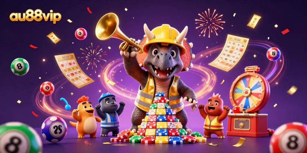 Experience excitement at au88vip with cartoon dinosaurs celebrating around casino games and lottery elements.