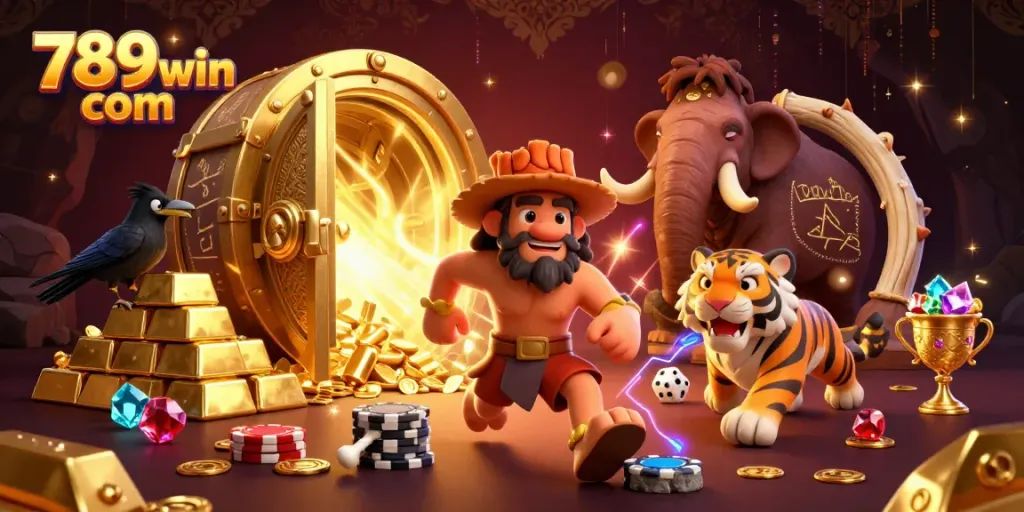 Experience the excitement of 789win com in this dynamic 3D casino illustration featuring prehistoric characters.