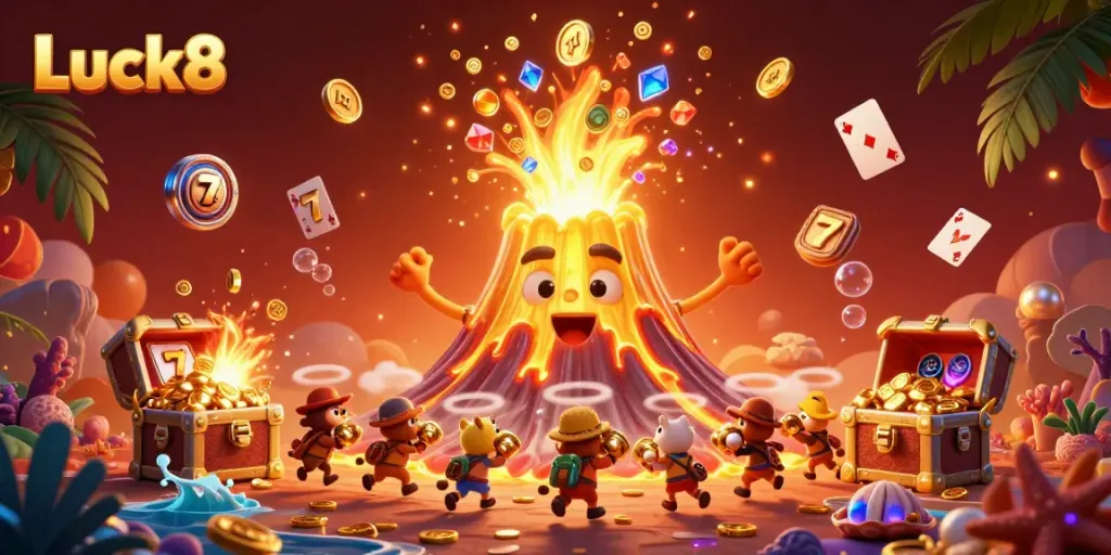 Experience thrilling gaming action at Luck8 with a vibrant 3D illustration showcasing exhilarating slot gameplay and treasure.