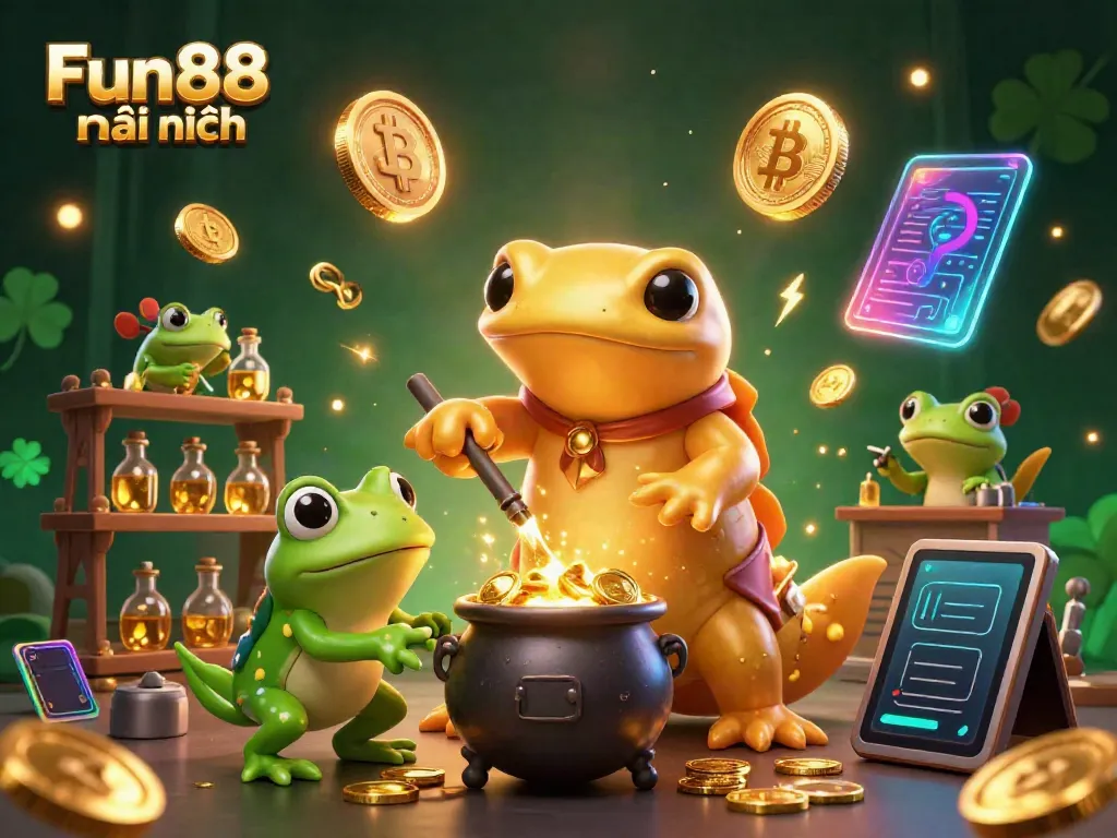 Enjoy Fun88 mới nhất with the golden salamander alchemist transforming metals into gold coins in a vibrant 3D scene.