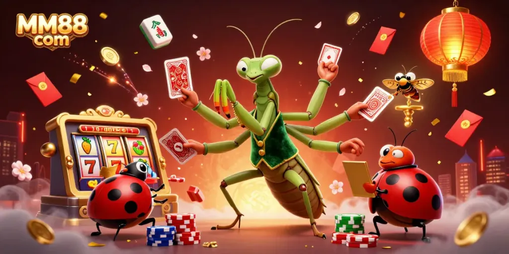Engage with MM88 com for an exciting casino scene featuring a giant mantis card dealer amidst vibrant gambling elements.