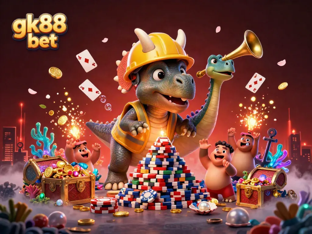 Engage with gk88 bet and experience a vibrant casino adventure as cartoon dinosaurs celebrate winning moments.