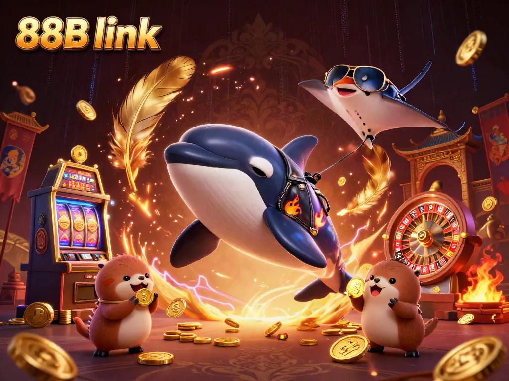 Engage in vibrant casino action featuring 88B link with orca and otters enjoying golden coins.