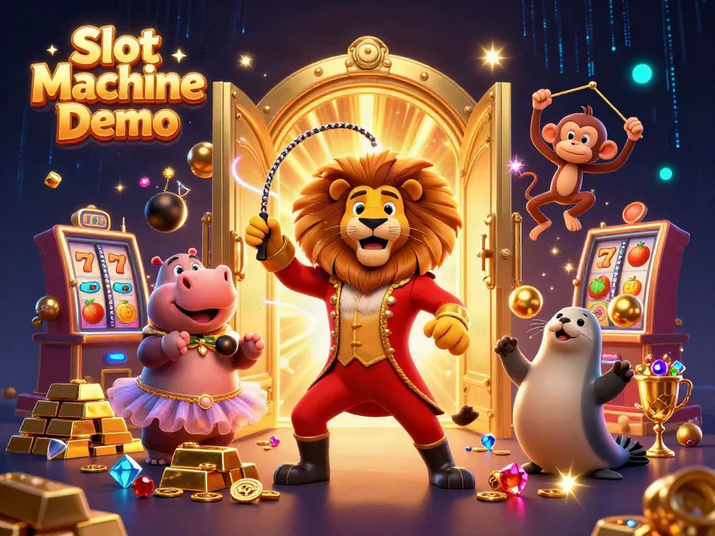 Experience Slot Machine Demo with vibrant circus characters and rolling slot reels amidst treasure.