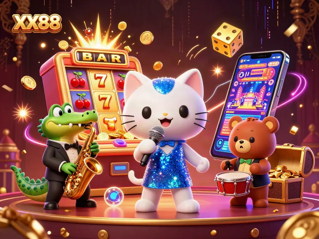 Engage with the excitement of XX88 at this vibrant casino illustration, featuring lively characters and dynamic gaming elements.