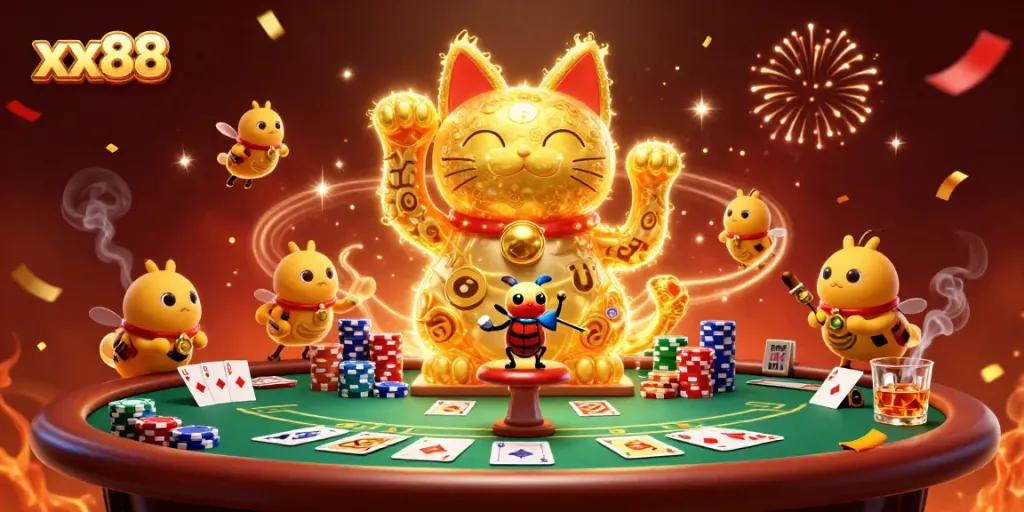 Experience the vibrant xx88 casino adventure with a lucky cat formed by golden fireflies and dynamic game elements.