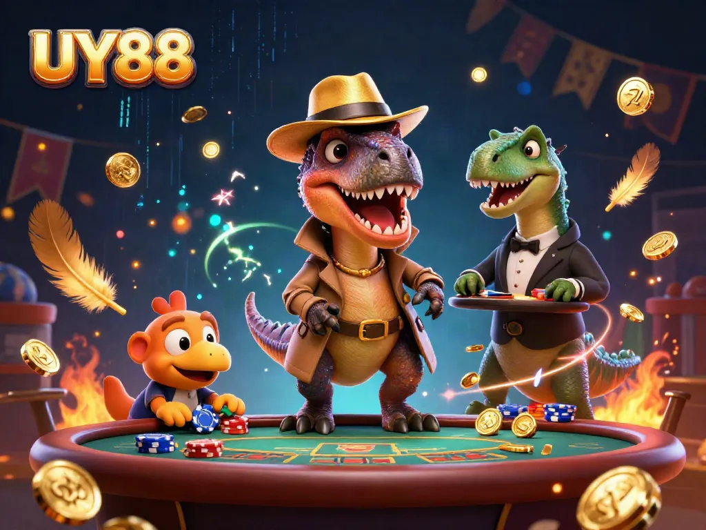 Engaging UY88 casino scene with a velociraptor card counter and a stegosaurus pit boss amid a dramatic environment of gold tokens.