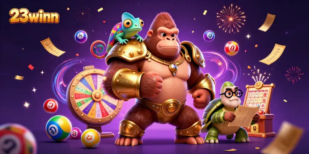 Experience the thrilling world of 23winn with a vibrant 3D illustration showcasing casino action and excitement.