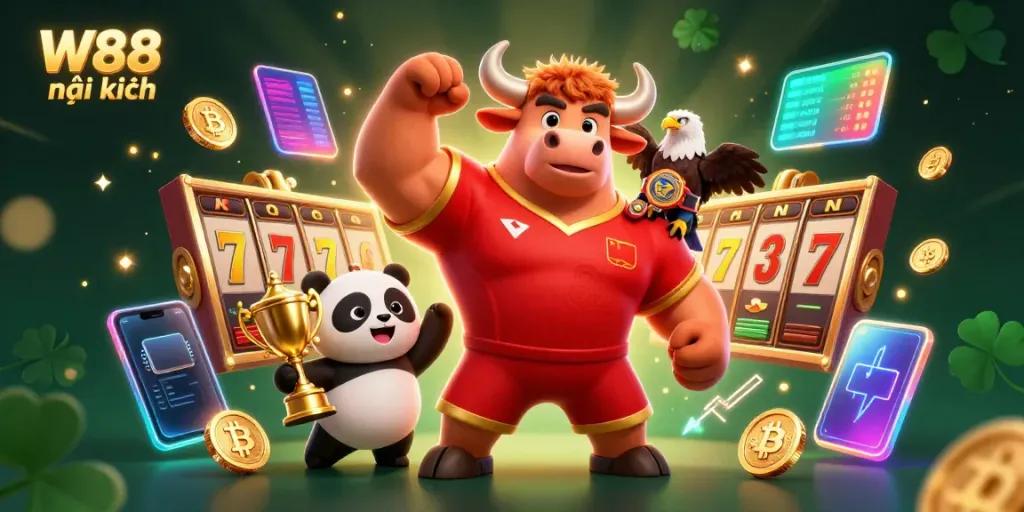 Experience the excitement of W88 mới nhất as vibrant characters celebrate with golden trophies and cryptocurrencies in a lively casino setting.