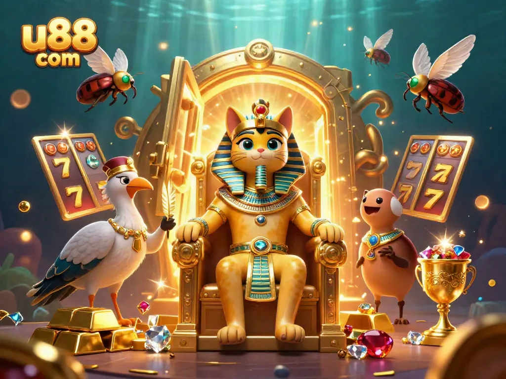 Play and win at u88 com with an Egyptian-inspired casino setting filled with treasure and vibrant characters.