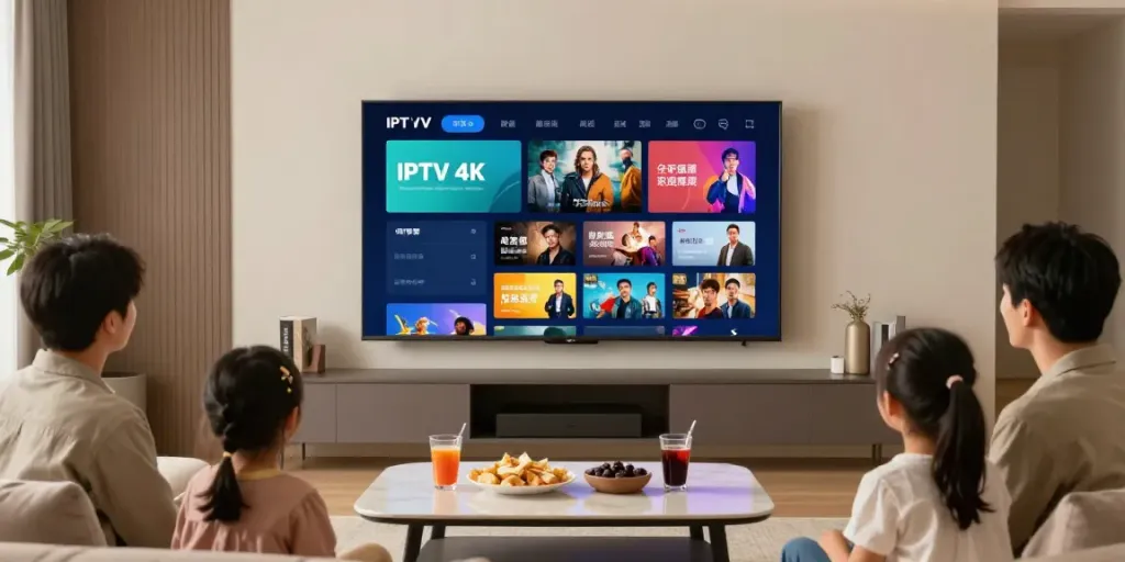 Profitez d'une expérience d'abonnement IPTV 4K avec une famille regardant la télévision