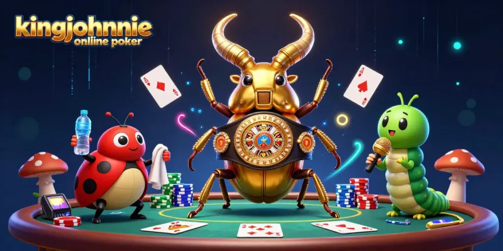 Engage in kingjohnnie online poker with a vibrant scene featuring characters in an exciting card showdown, surrounded by gaming elements.