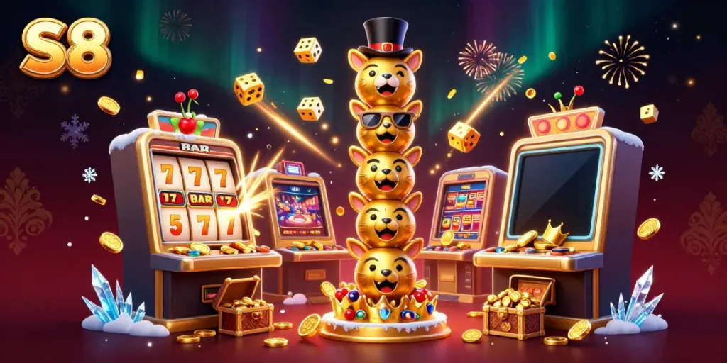 Engage with S8's dynamic gambling experience illustrated with animated casino elements and vibrant colors.
