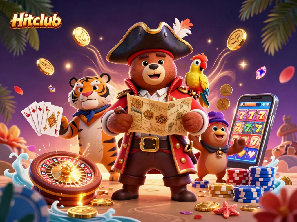 Hitclub's vibrant gaming adventure scene featuring a pirate captain bear, dynamic casino elements, and rich textures.